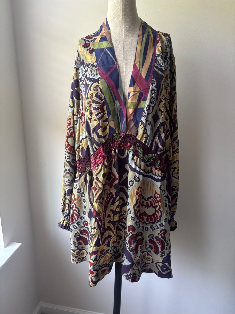 Johnny Was Kimono Dress Tunic Womens 1X Silk Empire Waist Boho Design Floral